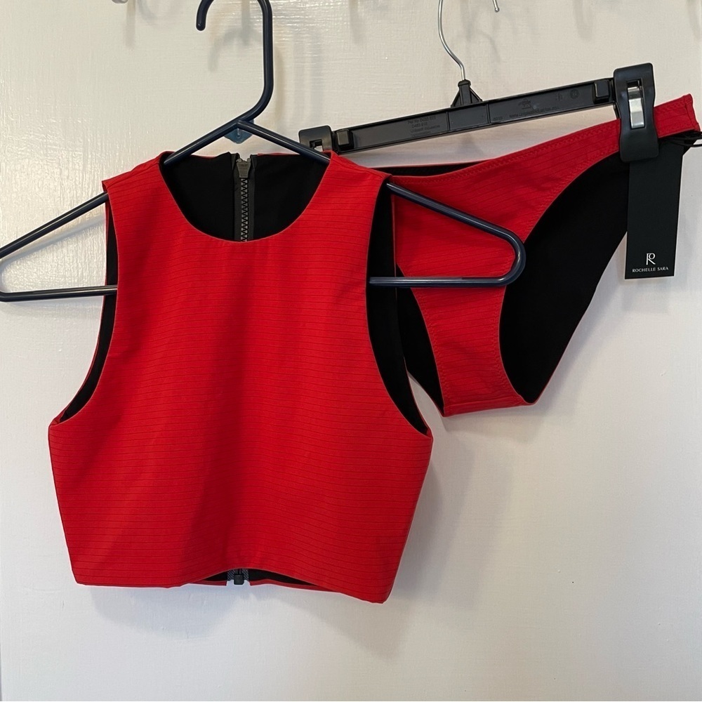 Rochelle Sara Swim Bikini Hibiscus Red Fabi Zip Top Mercer Low Rise Bottoms Sz 0